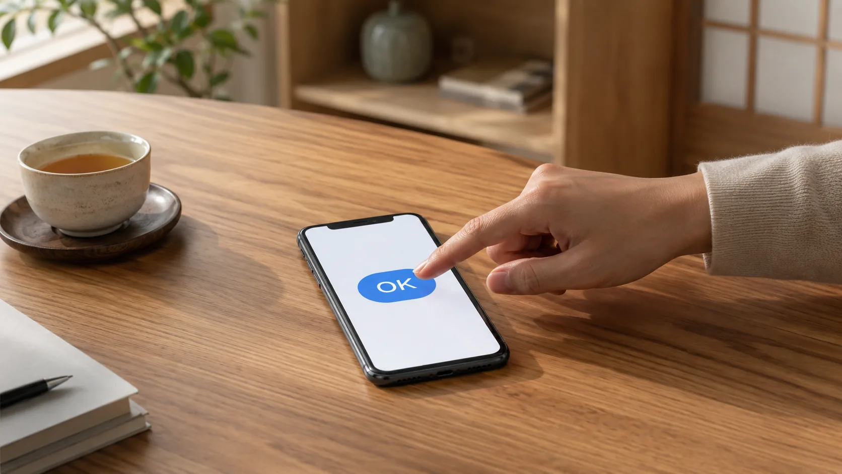 テーブルの上のiPhoneでOKボタンを押す日常の利用イメージ
