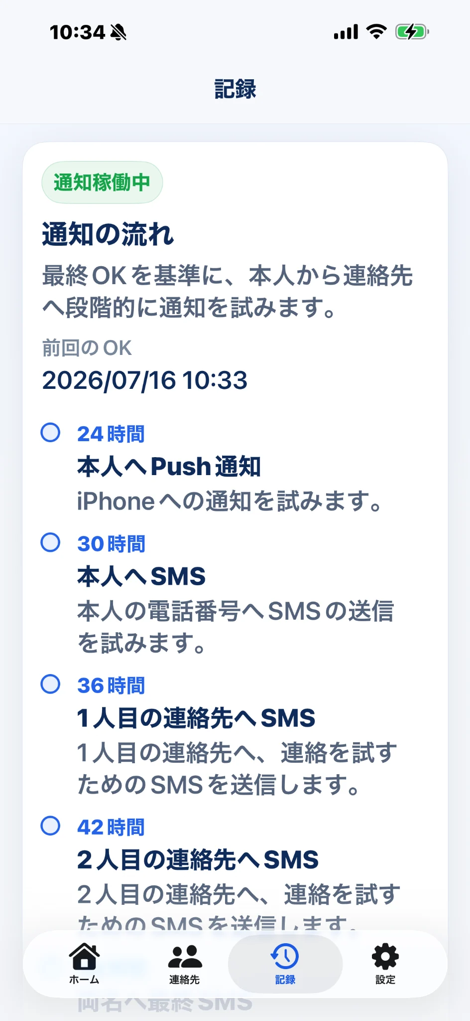24時間から48時間までの段階通知を表示した記録画面